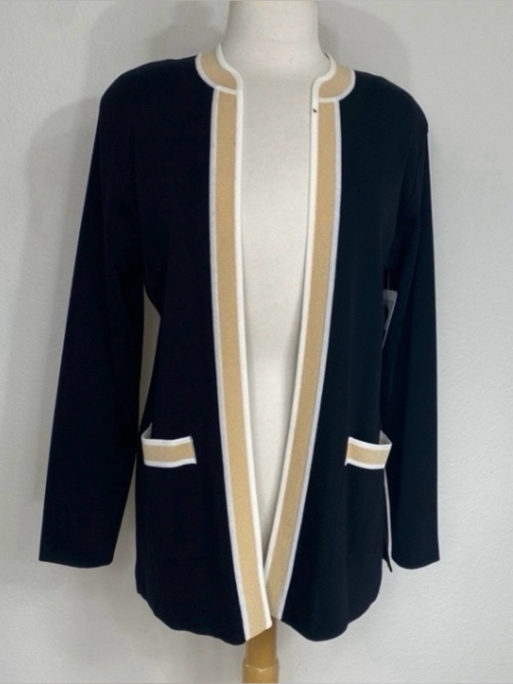 NWT New Exclusively Misook Womens Black Tan Knit Open Cardigan Classic Size XL